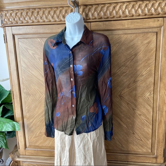 Georgiou Vintage brown blue floral sheer blouse - Picture 6 of 9